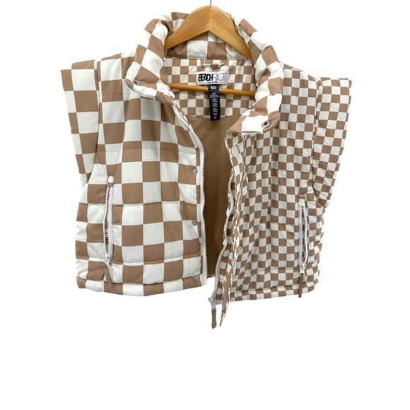 Beach Riot Canyon Puffer Vest Taupe Check‎ Cropped Sleeveless Zip Snap Women's M - Picture 2 of 5